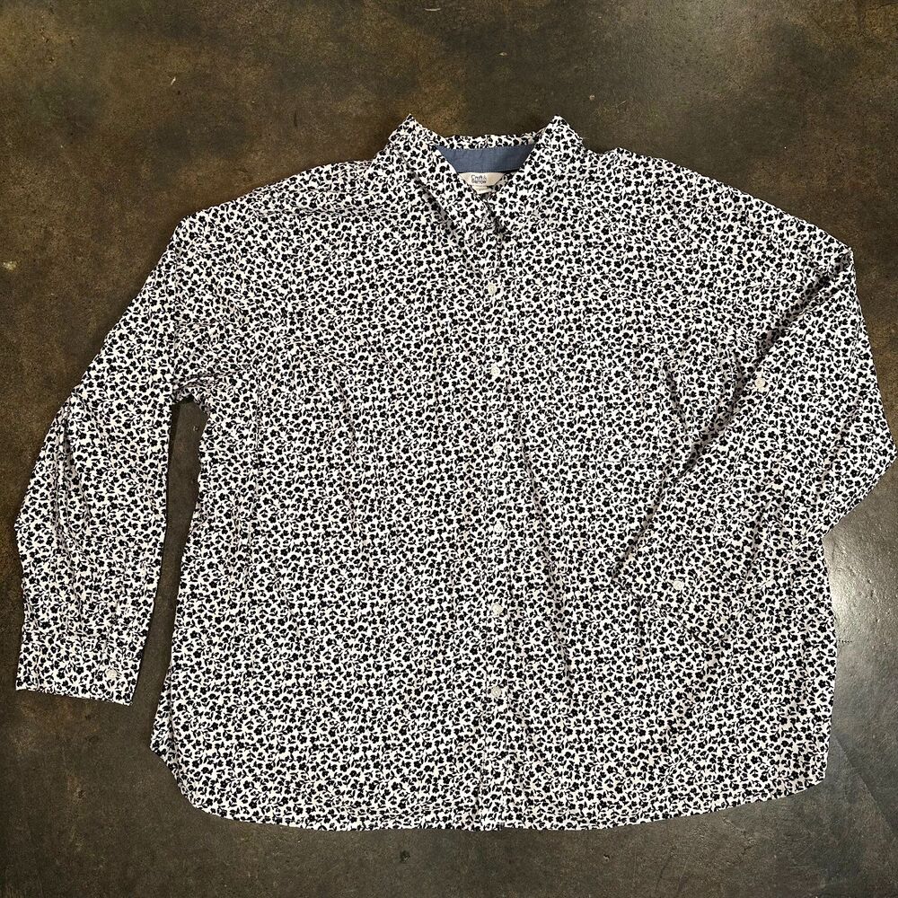 Croft & Barrow Blouse Womens 3X Black White Floral Button Up Long Sleeve Plus